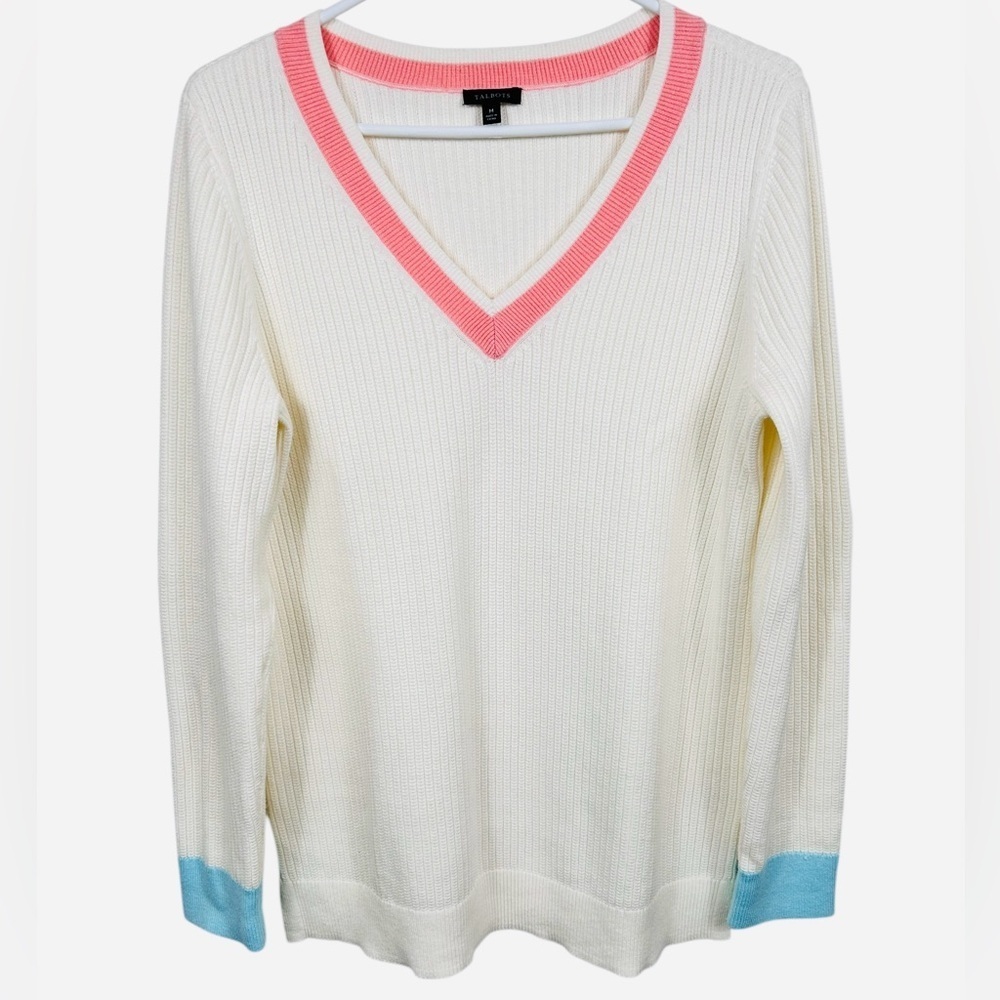 Talbots cotton-blend tennis sweater, M, vneck, cream, Classic Preppy Summer
